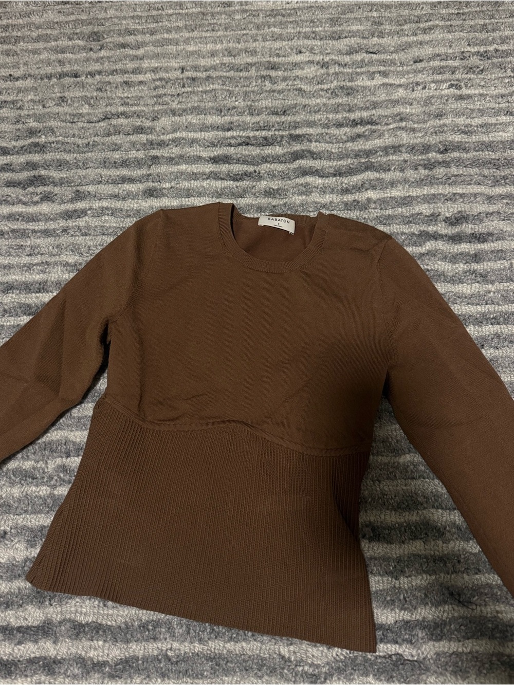 Babaton Brown Ribbed-Waist Crewneck Sweater